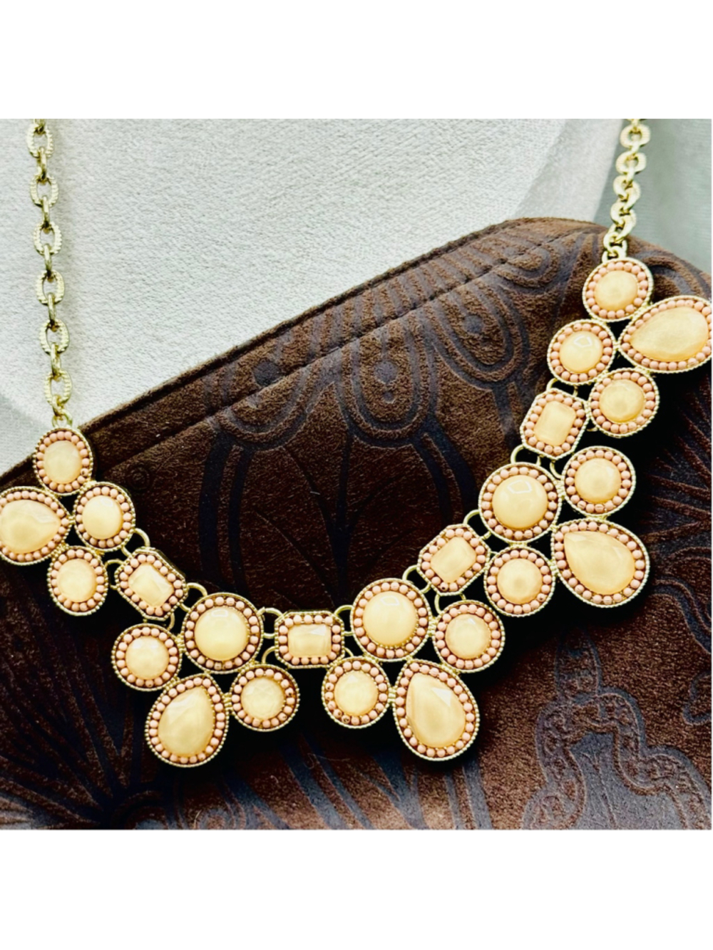 Peach Blush Beaded Statement Necklace Gold Tone Boho Bib Necklace